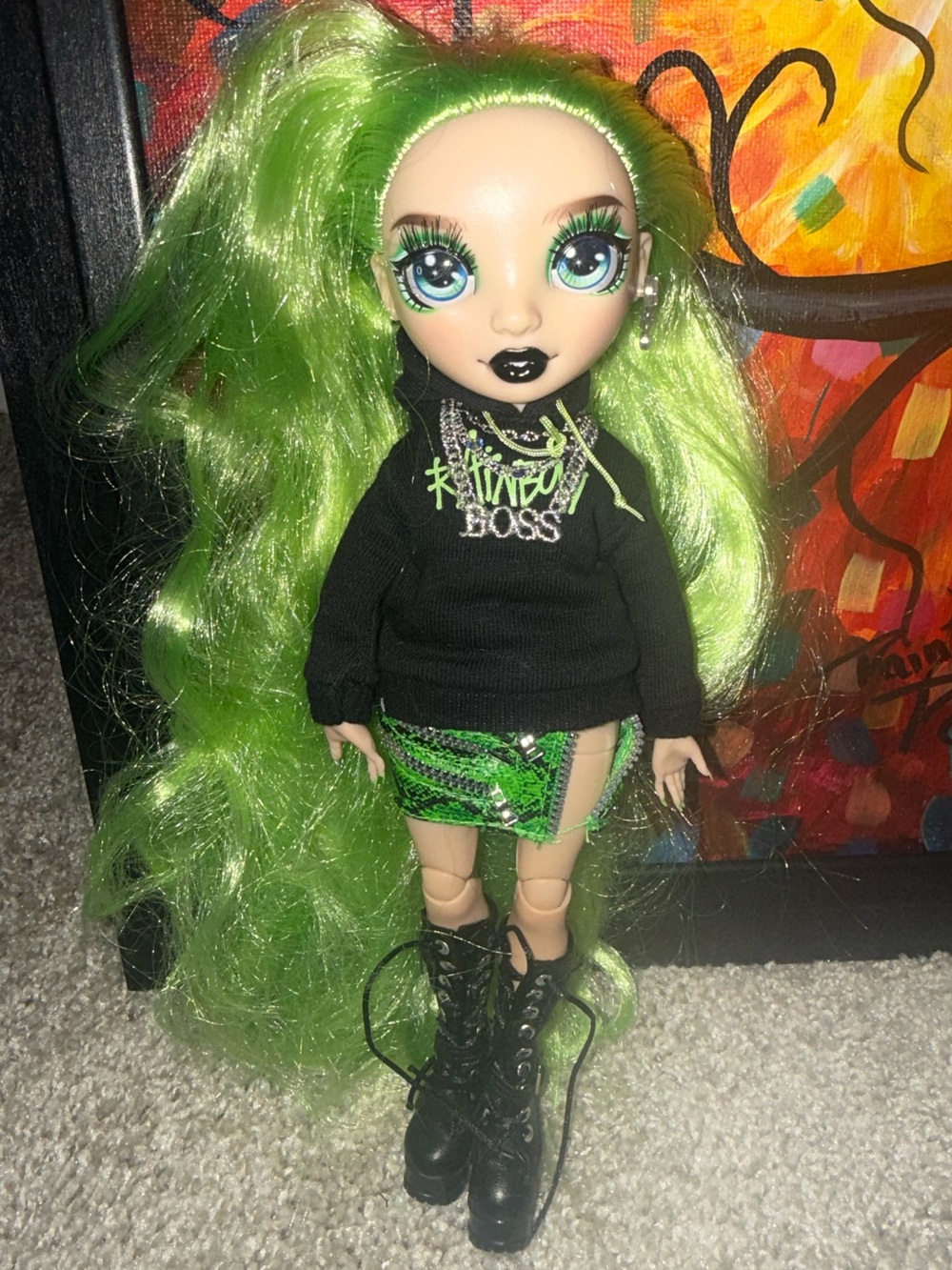 Green-Haired gothic Fashion Doll in Black 'Boss' Hoodie